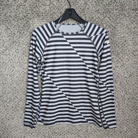 Nike Pro Top Womens Medium Dri‎ Fit Gray Striped Fitted Tee Long Sleeve Ladies - Picture 1 of 8